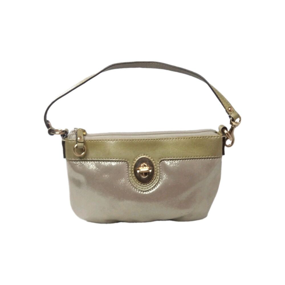 Coach Wristlet Clutch Purse Gold Fabric With Leather Trim Medium Size